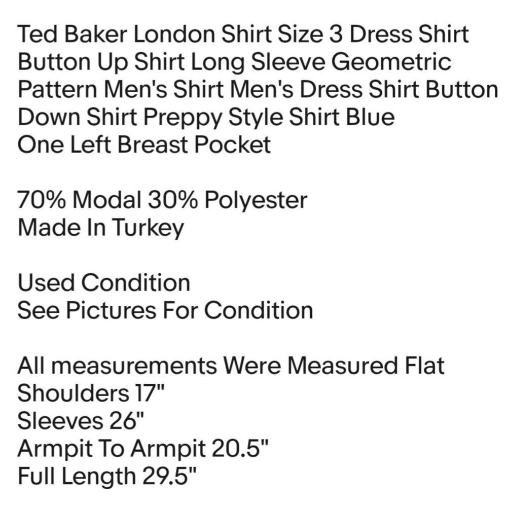 Ted Baker London Shirt Size 3 Dress Shirt Button Up Shirt Long Sleeve Geometric - Picture 2 of 8